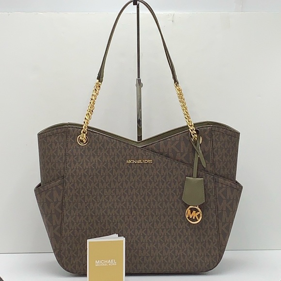 MICHAEL KORS 
Jet Set Large Logo Tote Chain Shoulder Bag 
COLOR OLIVE 
NWT - Picture 1 of 16